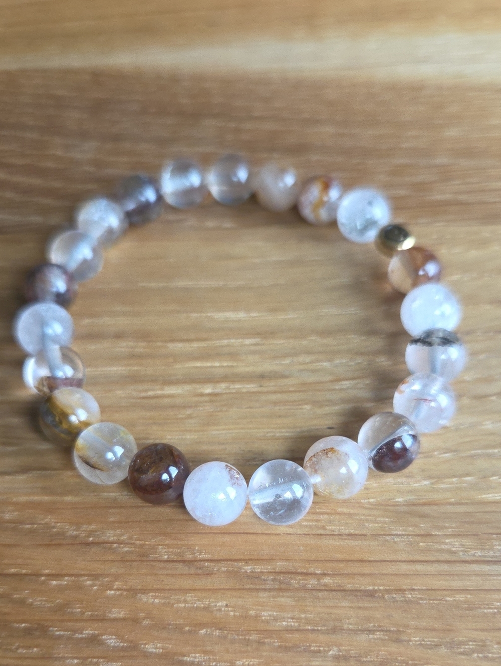 Gold Red Rutilated Quartz Beaded Stretch Bracelet | Handmade - Picture 4 of 9